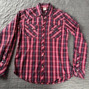 True Religion Men's Pearl Snap Western Red Plaid Long Sleeve Button Up Shirt XL